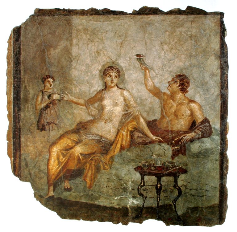 escena de un banquete romano con vino